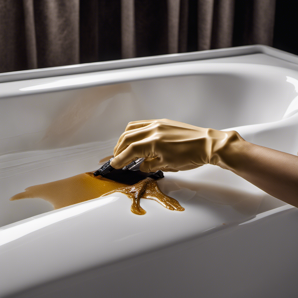 An image showcasing a pair of gloved hands delicately applying epoxy resin along a hairline crack in a white porcelain bathtub