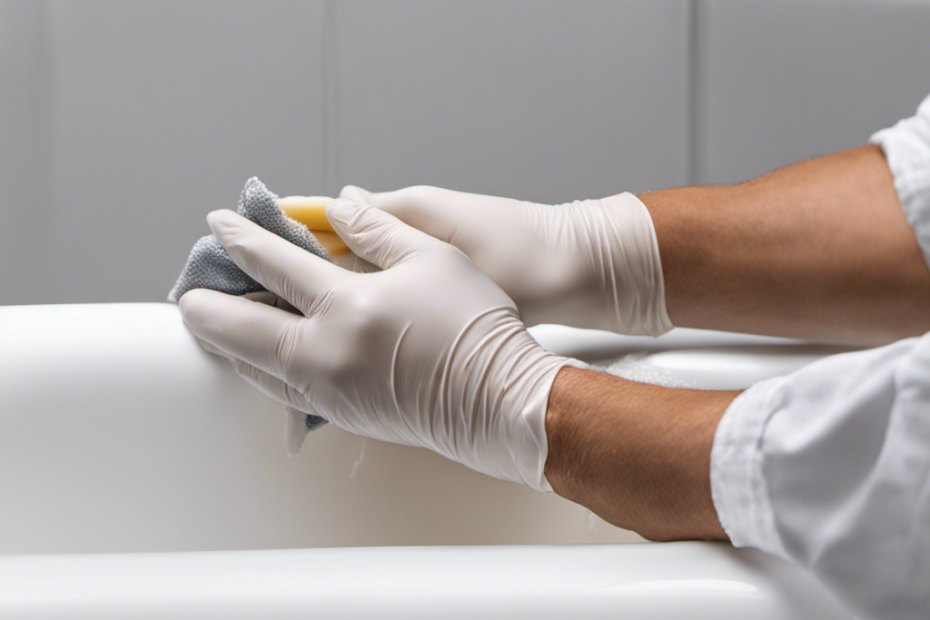 An image showcasing a pair of gloved hands delicately applying epoxy resin to a hairline crack in a pristine white bathtub