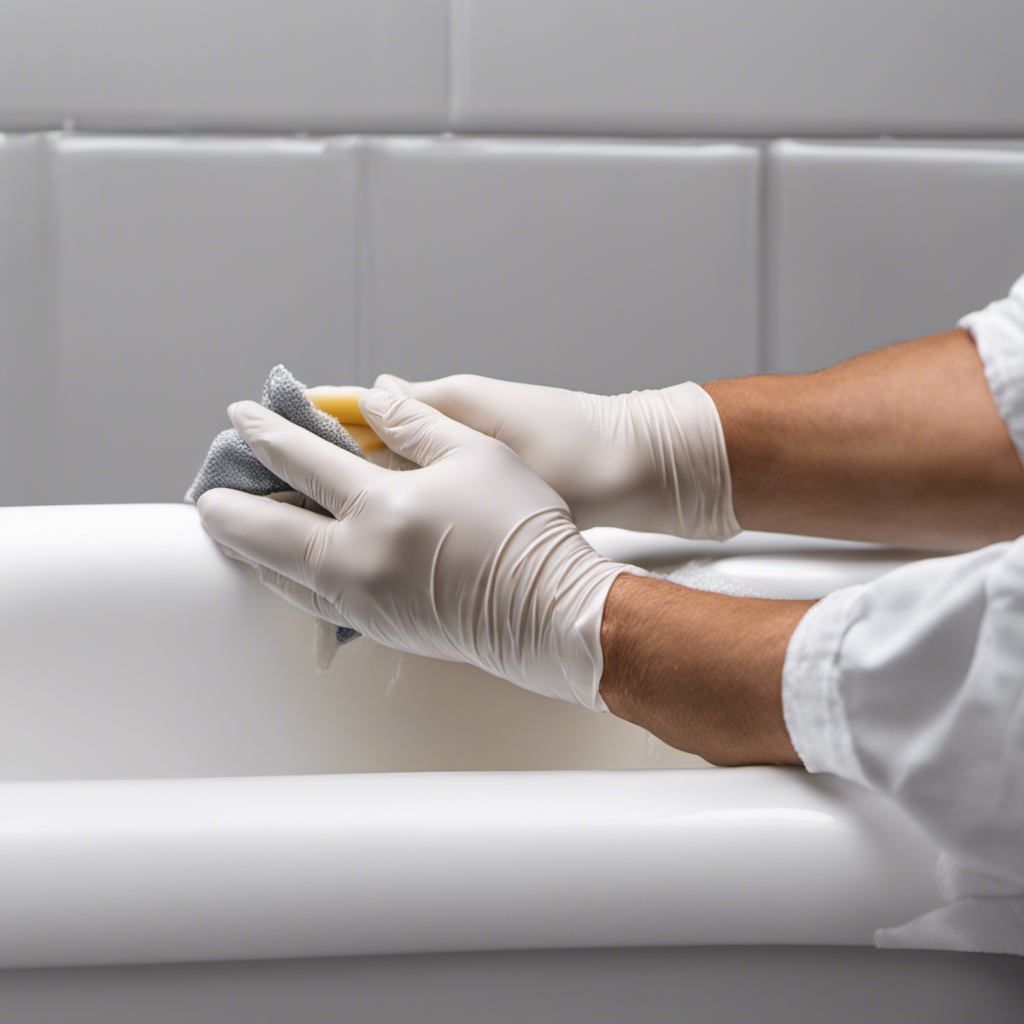 An image showcasing a pair of gloved hands delicately applying epoxy resin to a hairline crack in a pristine white bathtub