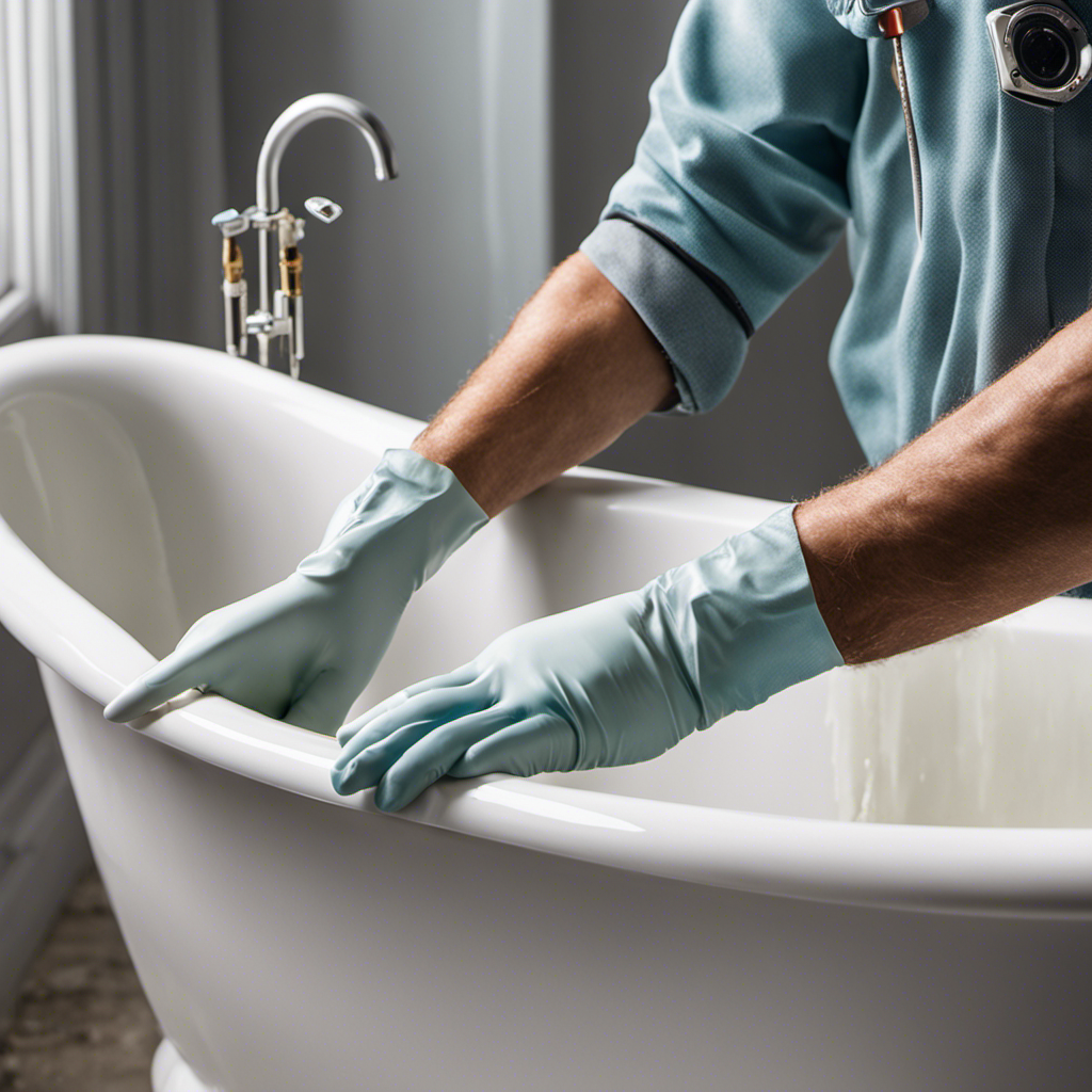 An image showcasing a pair of gloved hands delicately applying epoxy resin to a precise crack in a pristine porcelain bathtub, with tools and materials neatly arranged nearby, illustrating step-by-step instructions to fix a crack in the bathtub