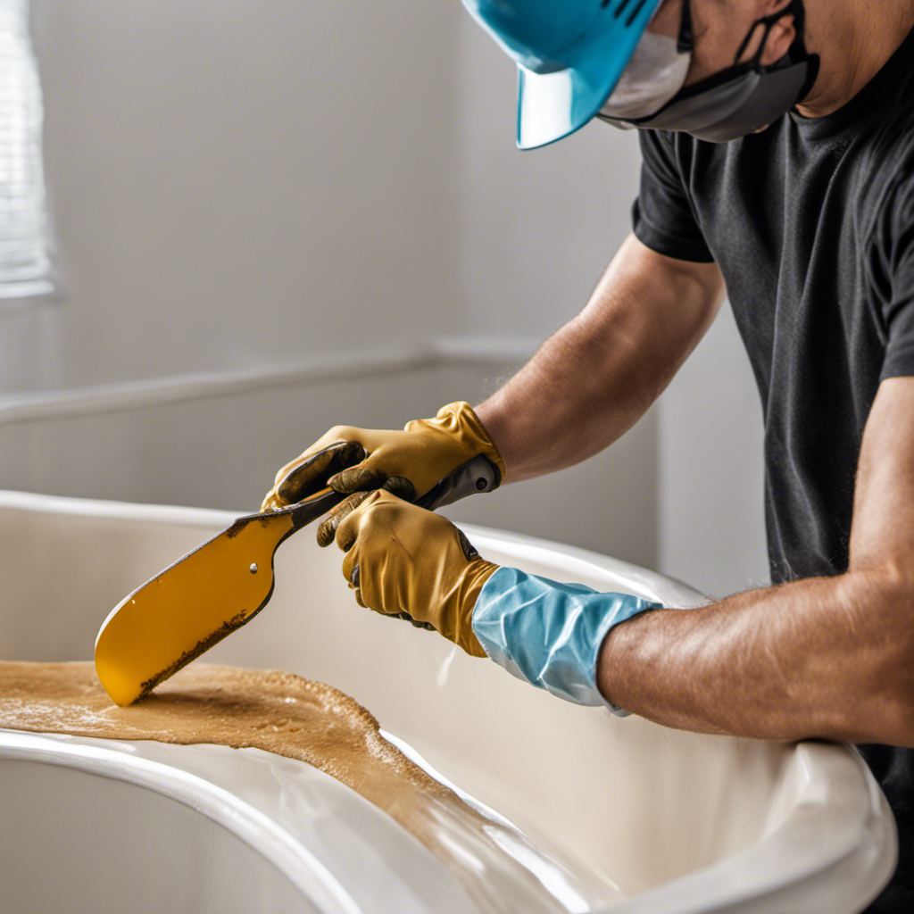 An image that captures the step-by-step process of repairing a cracked bathtub: a person wearing safety goggles and gloves, using a putty knife to apply epoxy resin to the crack, followed by sanding and painting