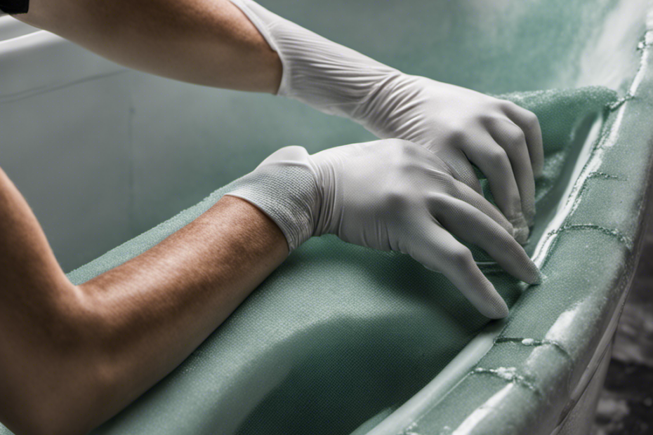 An image showcasing a pair of gloved hands gently sanding the surface of a cracked fiberglass bathtub, exposing intricate layers of fiber mesh and resin, in preparation for a seamless repair