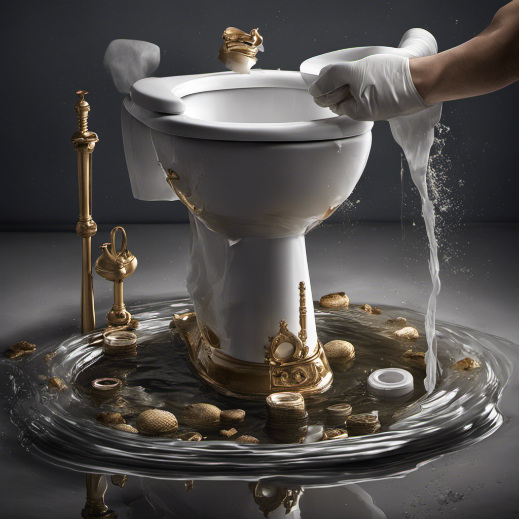 An image depicting a pair of gloved hands holding a plunger positioned over a flooded toilet bowl, surrounded by a pool of water with bits of toilet paper floating on the surface