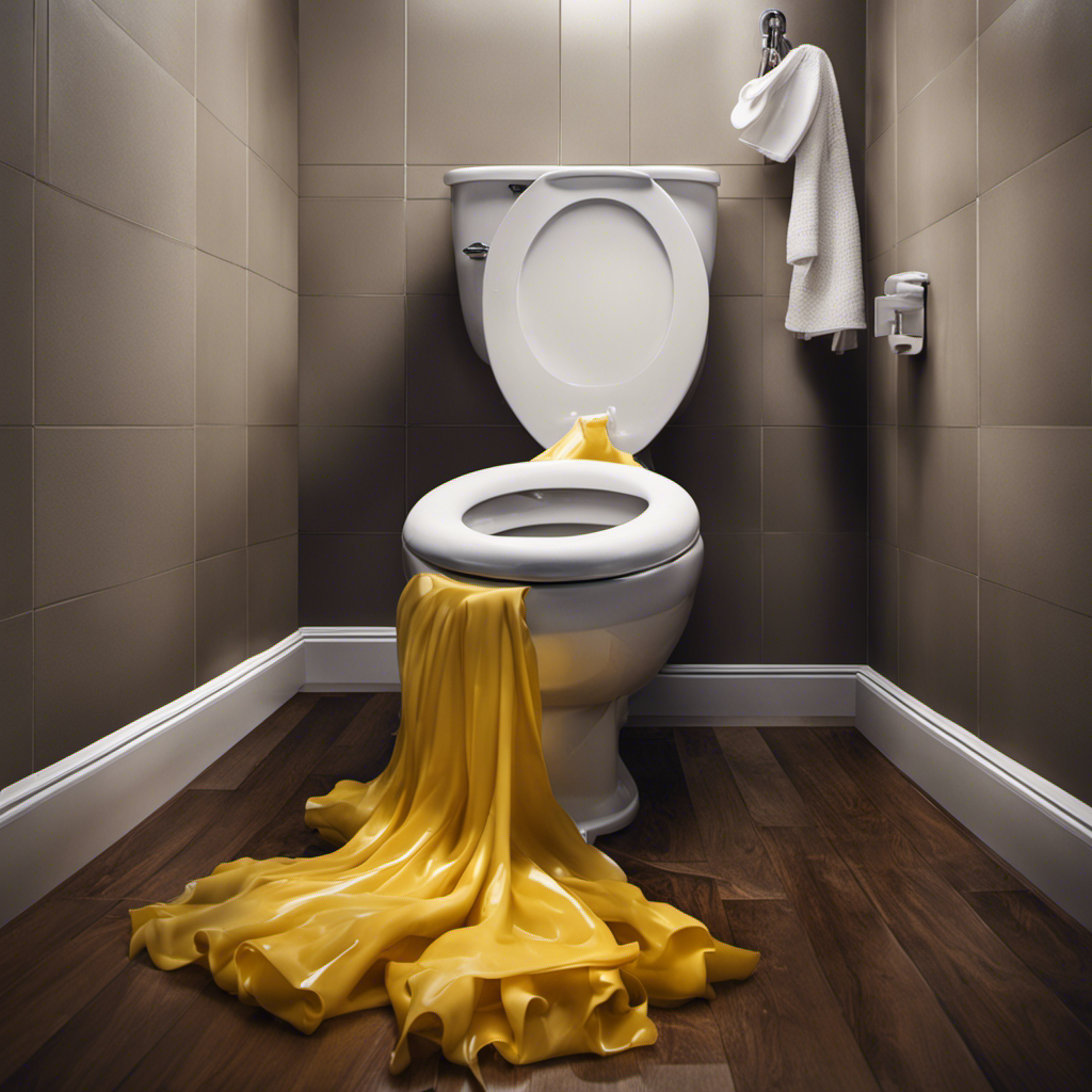 An image showcasing a person wearing rubber gloves plunging a toilet, with water overflowing onto the bathroom floor