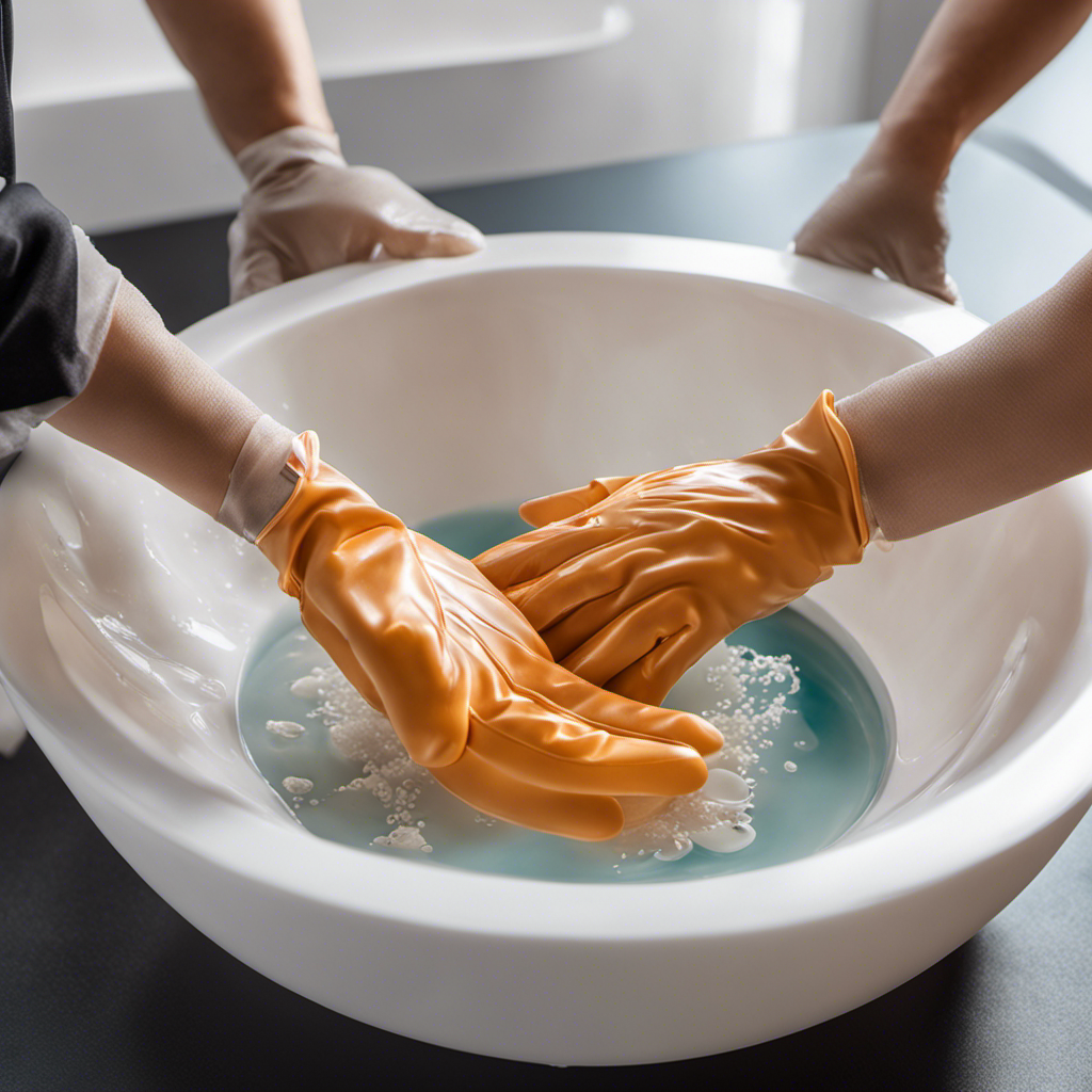 An image showcasing a pair of gloved hands delicately applying epoxy resin to a small, circular hole in a white plastic bathtub