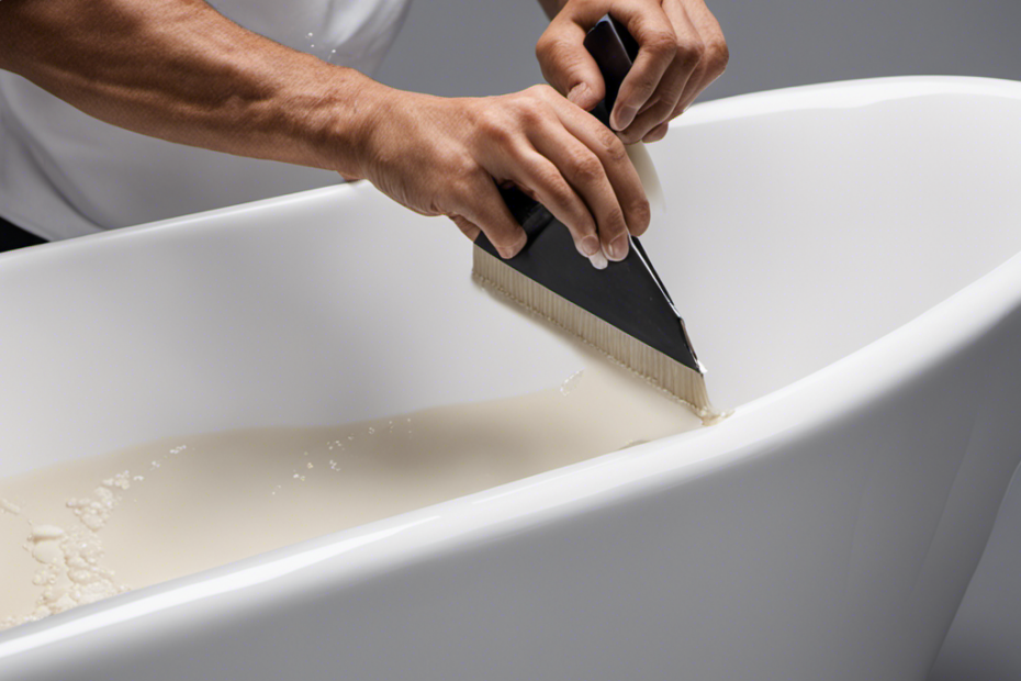 An image showcasing a close-up view of hands meticulously applying a waterproof epoxy resin to a hairline crack on a pristine white bathtub, accompanied by various tools like sandpaper and a putty knife nearby