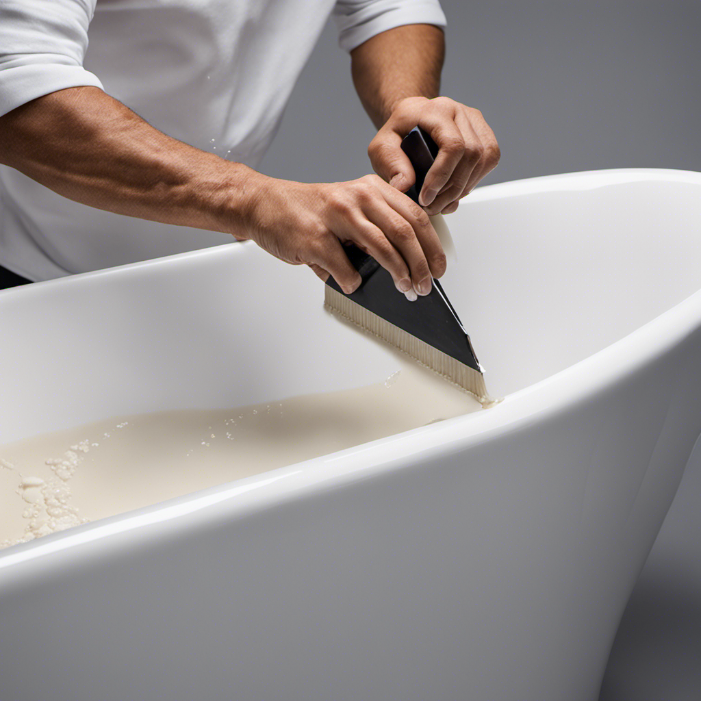 An image showcasing a close-up view of hands meticulously applying a waterproof epoxy resin to a hairline crack on a pristine white bathtub, accompanied by various tools like sandpaper and a putty knife nearby