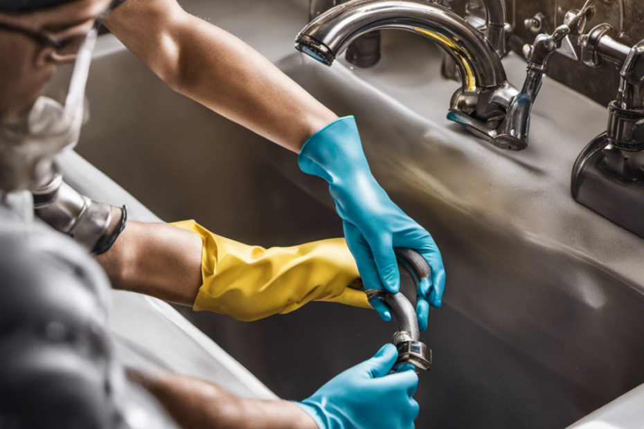 An image that showcases a pair of hands wearing rubber gloves, holding a wrench tightly, as they skillfully tighten a loose pipe beneath a leaking bathtub, with droplets of water glistening in mid-air