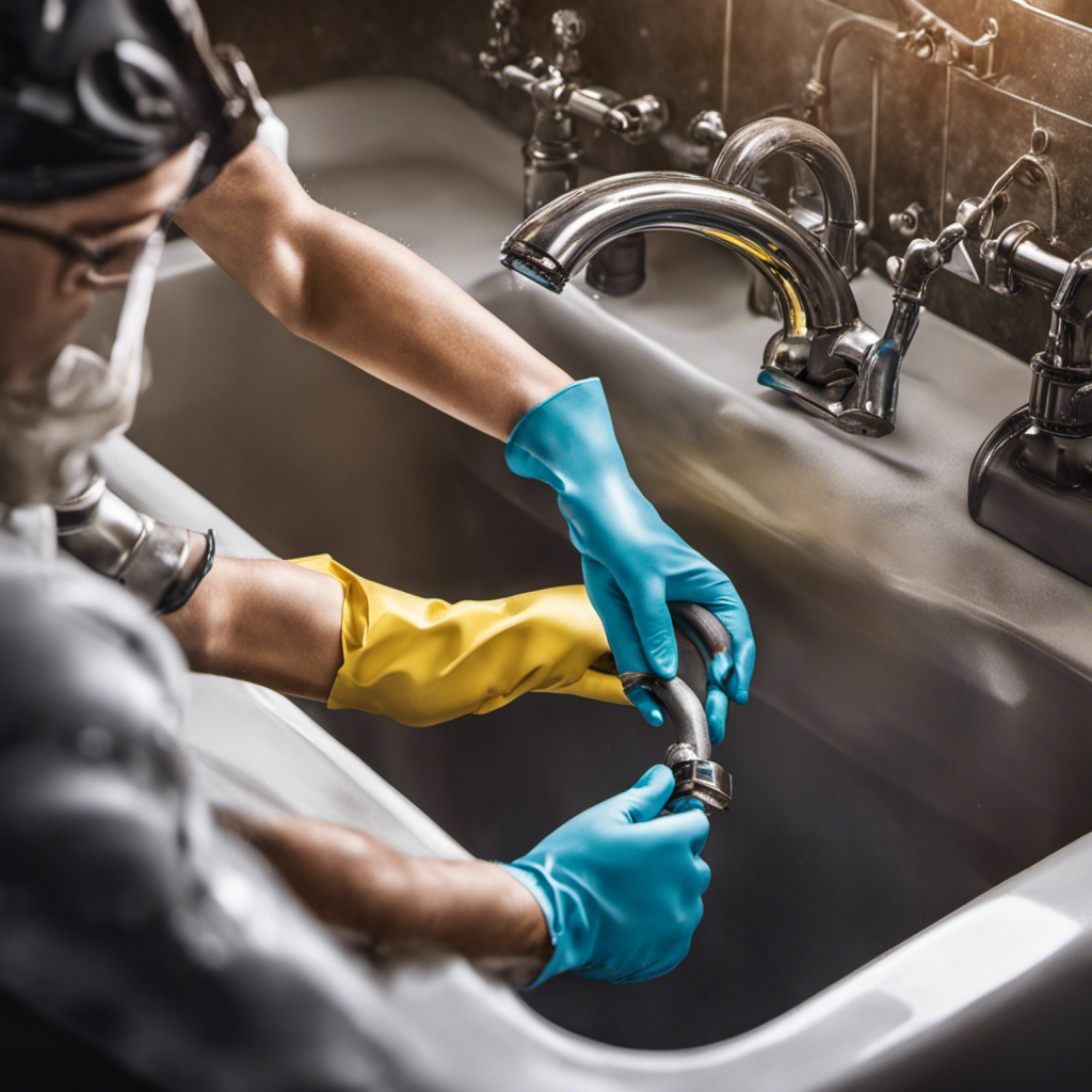 An image that showcases a pair of hands wearing rubber gloves, holding a wrench tightly, as they skillfully tighten a loose pipe beneath a leaking bathtub, with droplets of water glistening in mid-air