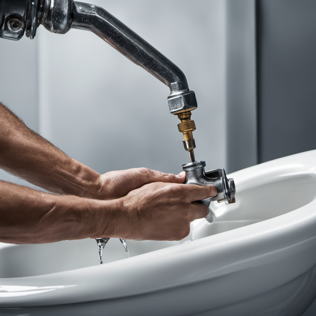 An image showcasing a person using a wrench to tighten the connection between the toilet tank and the water supply valve