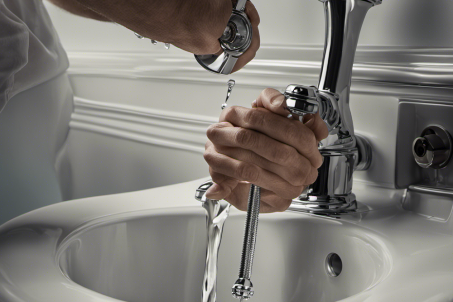 An image that showcases a pair of hands gripping a wrench and tightening the base of a toilet, with water droplets pooling around the fixture and a focused expression on the person's face