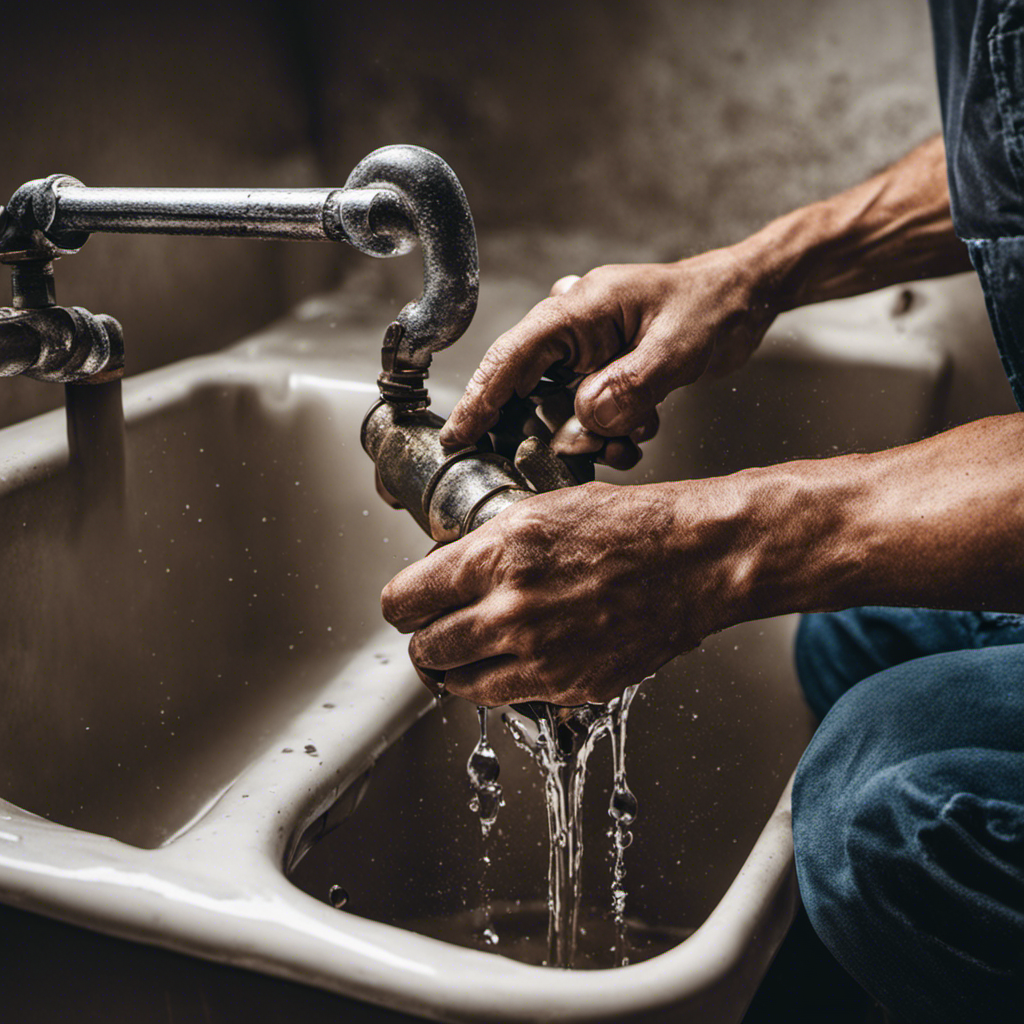 An image showcasing a pair of hands using a wrench to tighten a corroded drain pipe beneath a bathtub