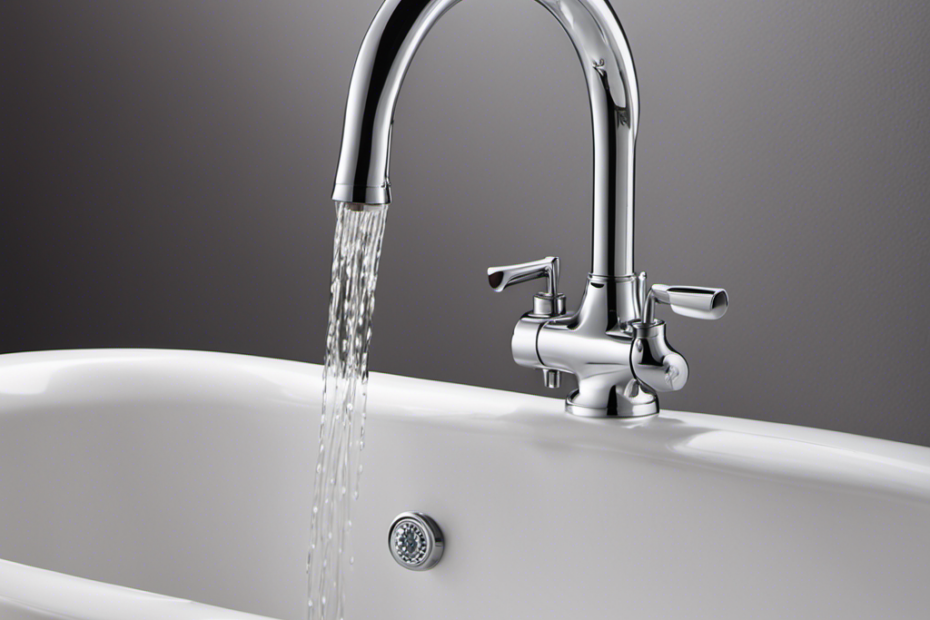 An image featuring a close-up view of a single-handle Delta bathtub faucet with water droplets falling from it