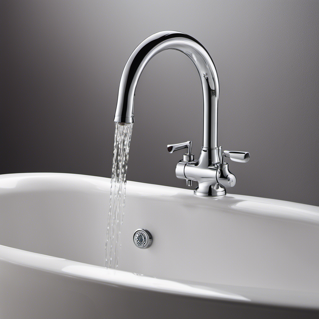 An image featuring a close-up view of a single-handle Delta bathtub faucet with water droplets falling from it