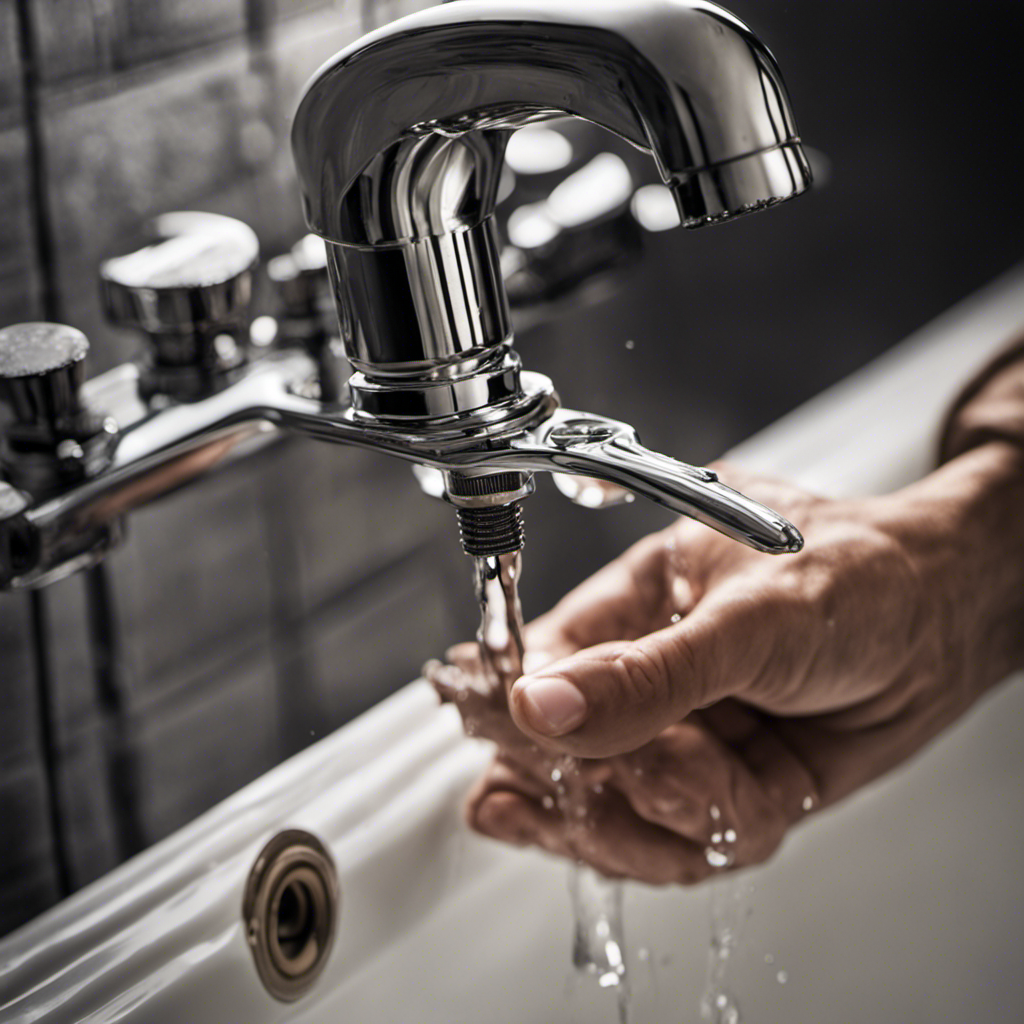 An image showcasing a close-up view of a skilled hand gripping a wrench, turning a valve beneath a leaky bathtub faucet
