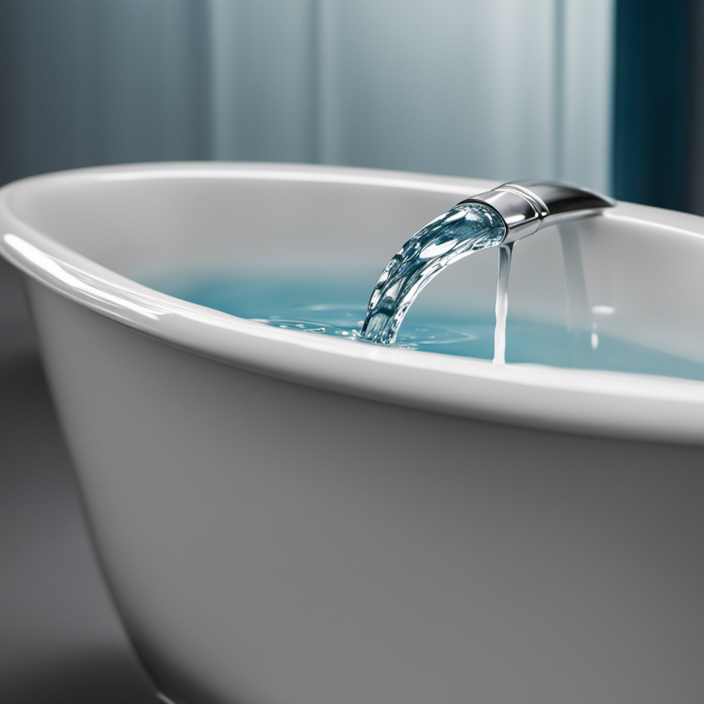 An image showcasing a close-up view of a bathtub spout with water droplets forming around a visible crack