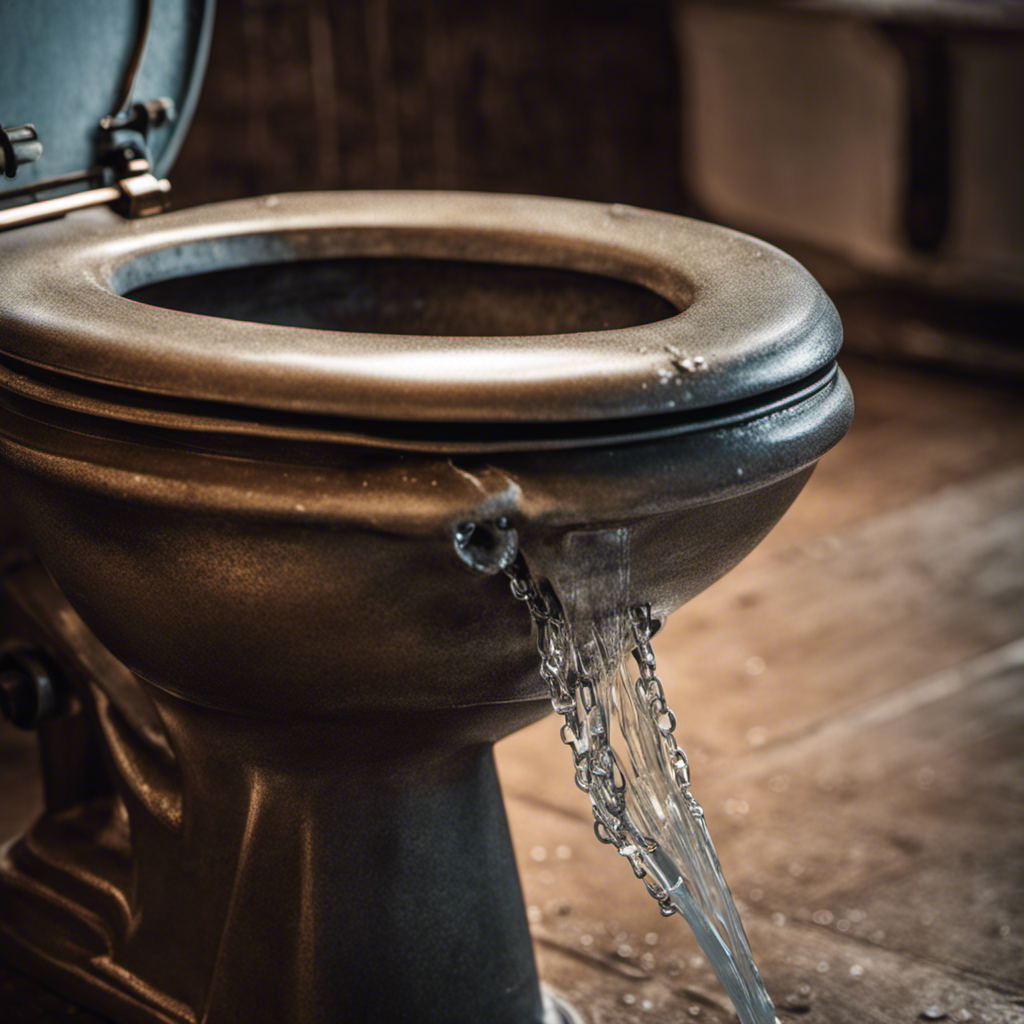 An image showcasing a close-up of a toilet with water leaking from the tank