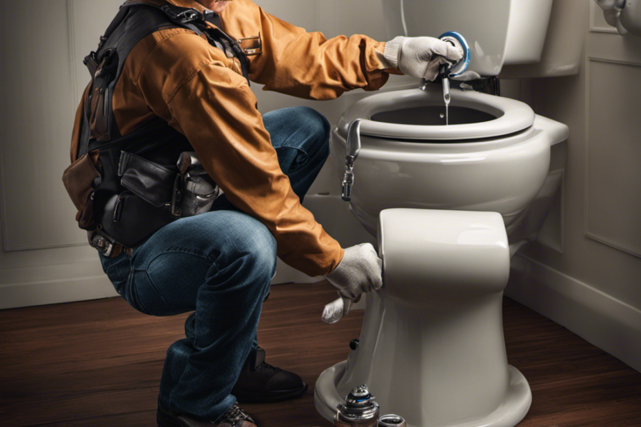 An image that showcases a person using a wrench to tighten the bolts connecting the toilet tank and bowl, with water droplets visible around the area, highlighting the process of fixing a leaky toilet tank
