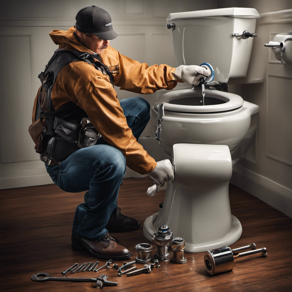 An image that showcases a person using a wrench to tighten the bolts connecting the toilet tank and bowl, with water droplets visible around the area, highlighting the process of fixing a leaky toilet tank