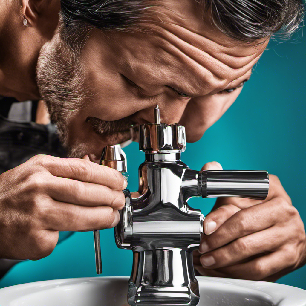 An image showcasing the step-by-step process of fixing a leaky toilet valve: a pair of hands holding a wrench, carefully tightening the valve, water droplets disappearing as the leak is resolved, and a satisfied expression on the person's face