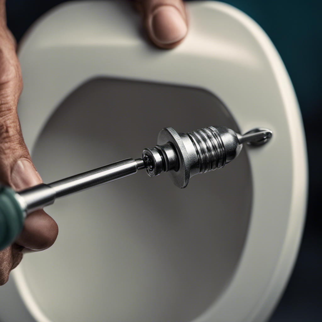 An image showing a close-up of a hand using a screwdriver to tighten the screws on a toilet seat, with the focus on the screwdriver and screws