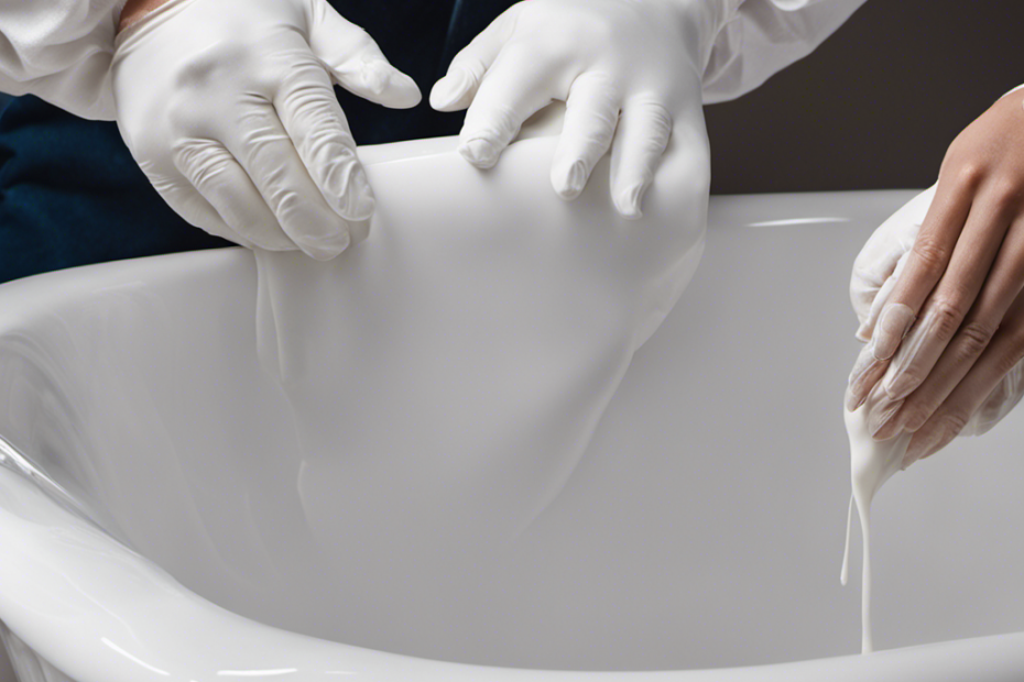 An image portraying a pair of gloved hands delicately sanding the peeling bathtub surface, revealing a smooth, pristine layer