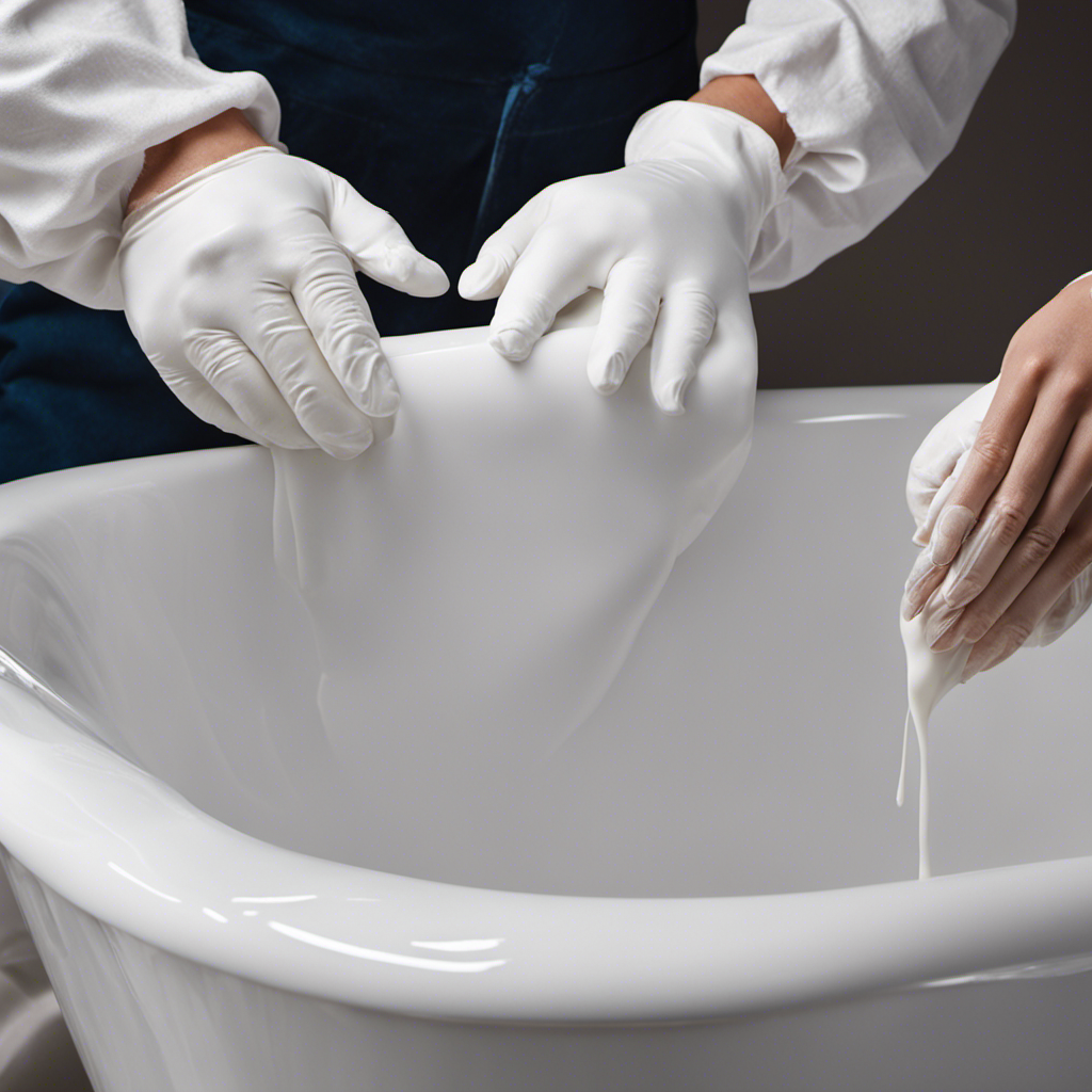 An image portraying a pair of gloved hands delicately sanding the peeling bathtub surface, revealing a smooth, pristine layer