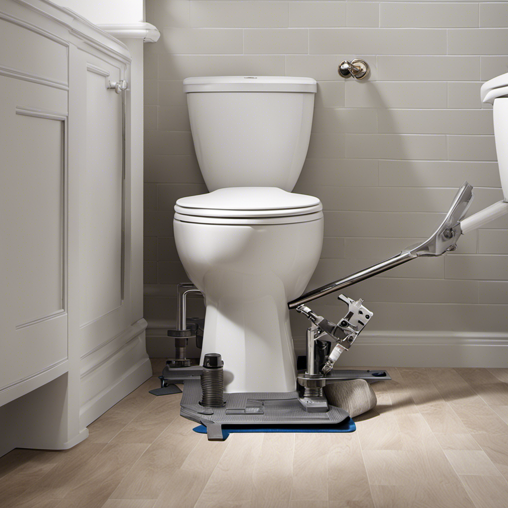 An image showing a person using a wrench to tighten the bolts securing the toilet base to the tile floor, with clear visibility of the rocking motion being fixed