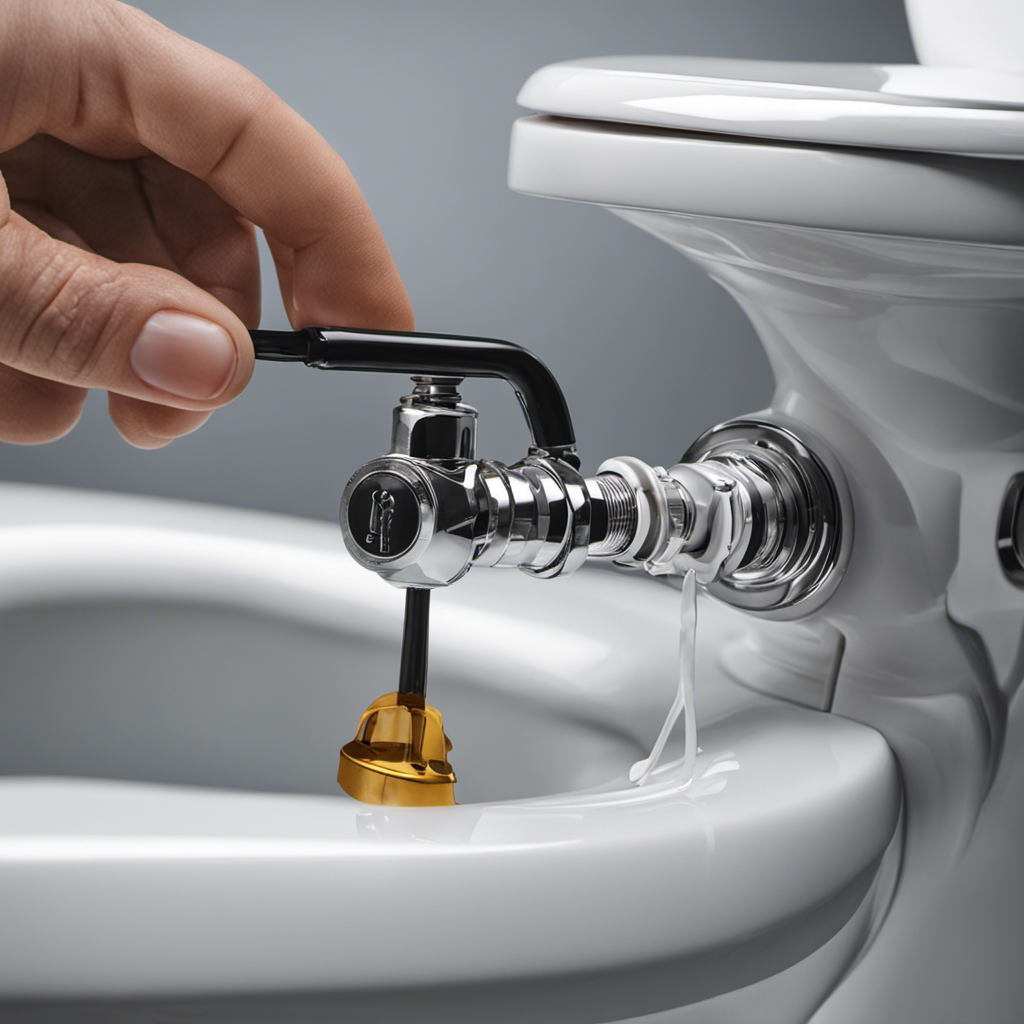 An image showcasing a close-up view of a hand adjusting the float valve in a toilet tank, demonstrating the step-by-step process of fixing a running toilet