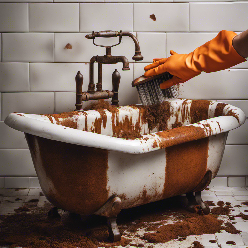 An image showcasing a pair of gloved hands scrubbing a worn, rusty bathtub with a wire brush
