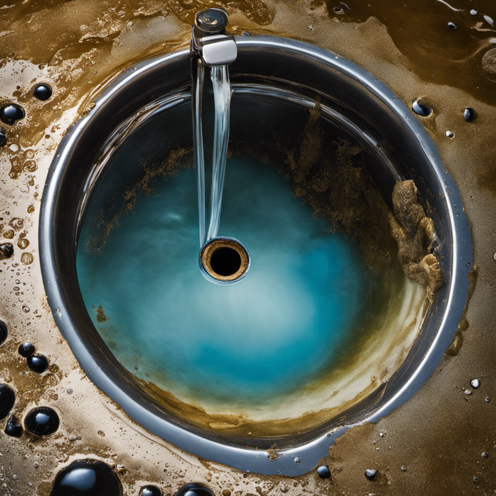 An image that showcases a close-up of a clogged bathtub drain, with water pooling around the stagnant hair, soap scum, and debris