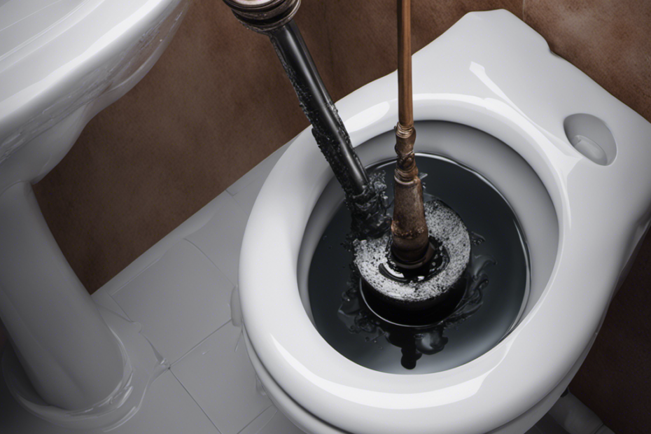 An image showcasing a hand gripping a plunger, positioned above a toilet bowl surrounded by overflowed water and debris