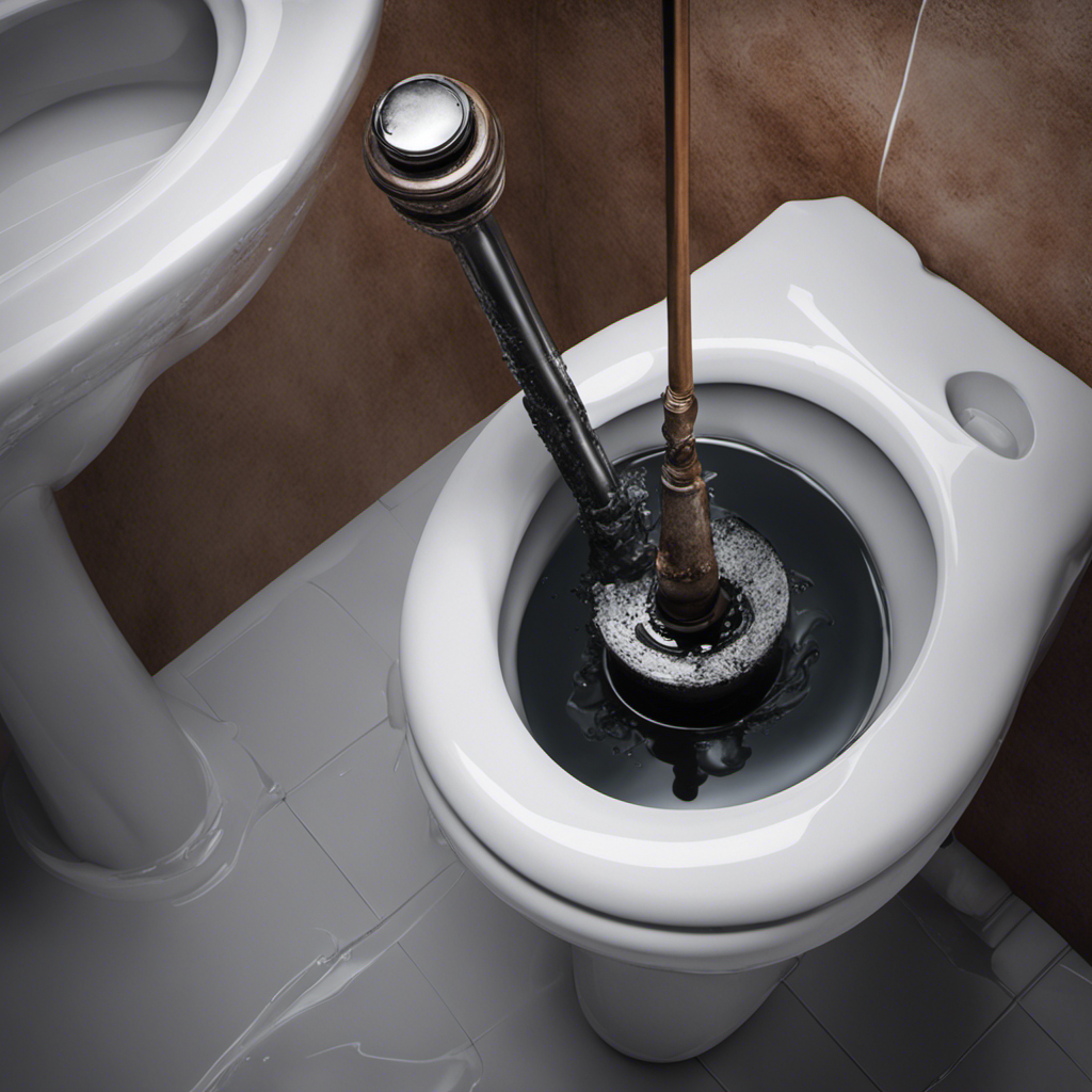 An image showcasing a hand gripping a plunger, positioned above a toilet bowl surrounded by overflowed water and debris