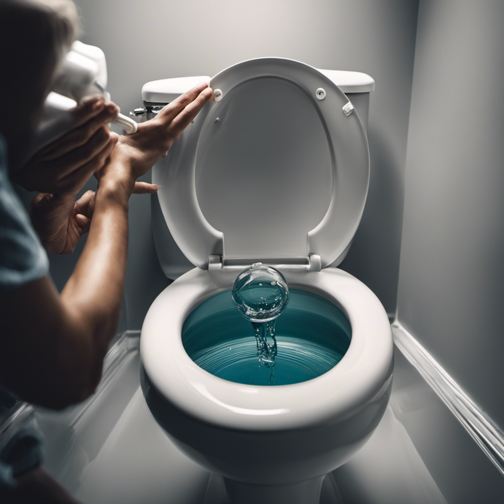 An image showcasing a close-up view of a person's hands adjusting the float valve inside a toilet tank, while water slowly fills the tank in the background