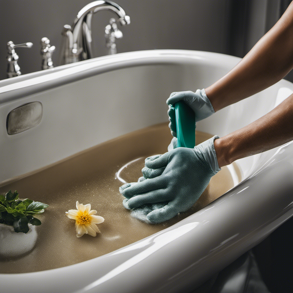 An image showcasing a pair of gloved hands vigorously scrubbing a discolored, grimy bathtub