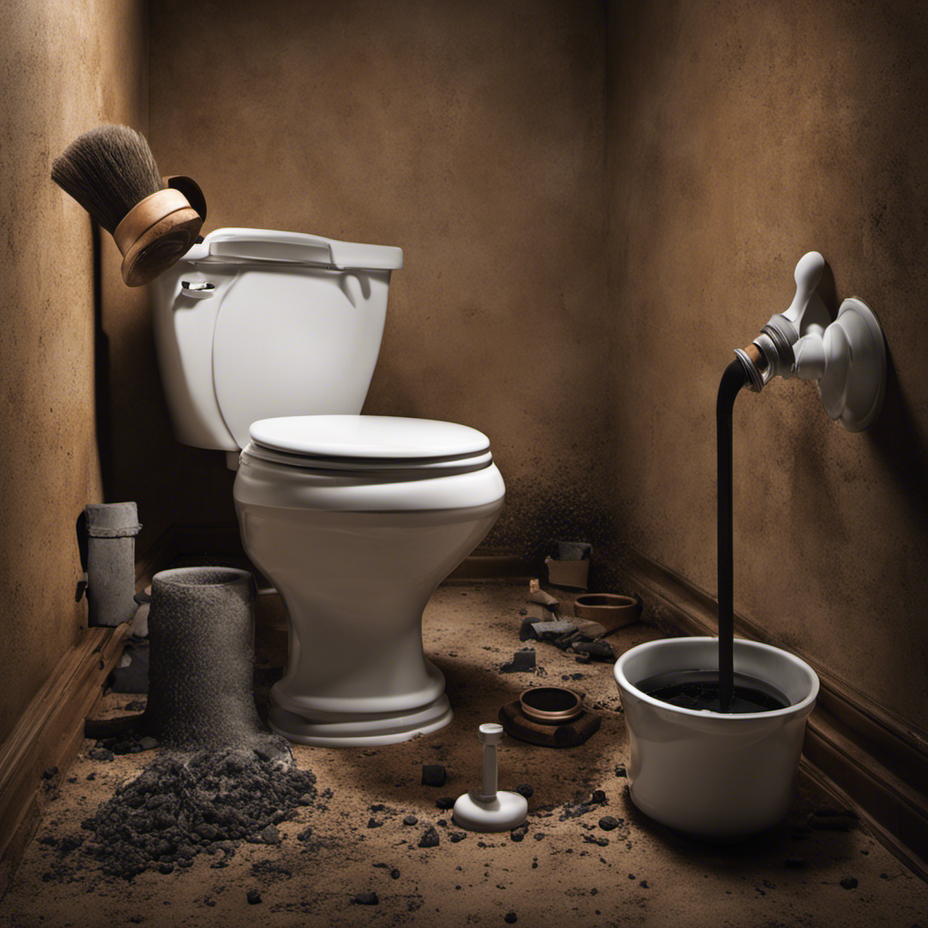 An image featuring a person wearing gloves, holding a plunger, while standing in front of a clogged toilet