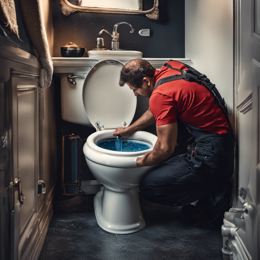 An image showcasing a plumber adjusting the water level in a toilet tank, with droplets of condensation forming on the exterior, highlighting the process of fixing a sweating toilet