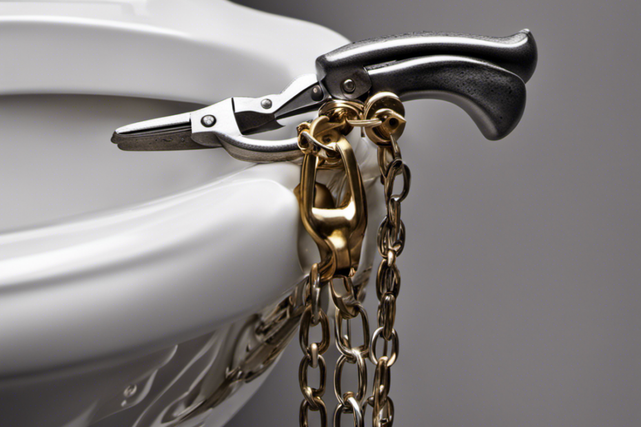 An image showcasing a hand holding a pair of pliers, gently tugging on the chain attached to a toilet flapper