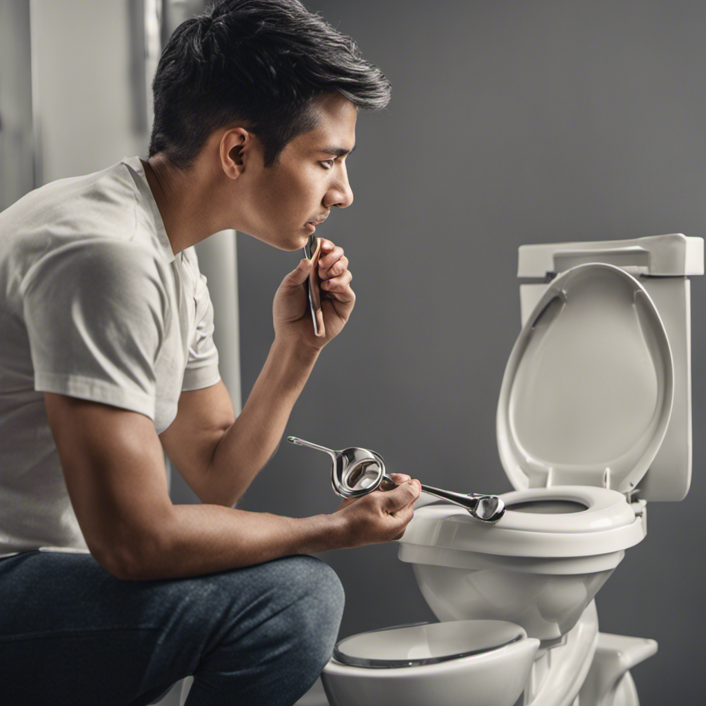An image depicting a person holding a toilet handle and examining it closely