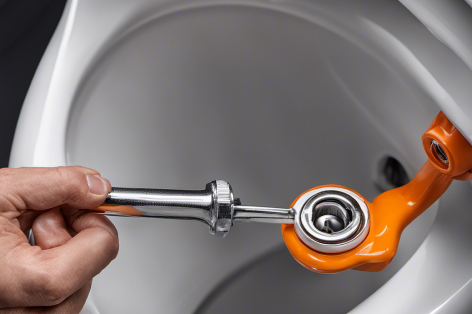 An image that showcases a close-up view of a toilet handle being repaired, with a hand gripping a wrench, adjusting the nut, and demonstrating the step-by-step process of fixing a faulty toilet handle