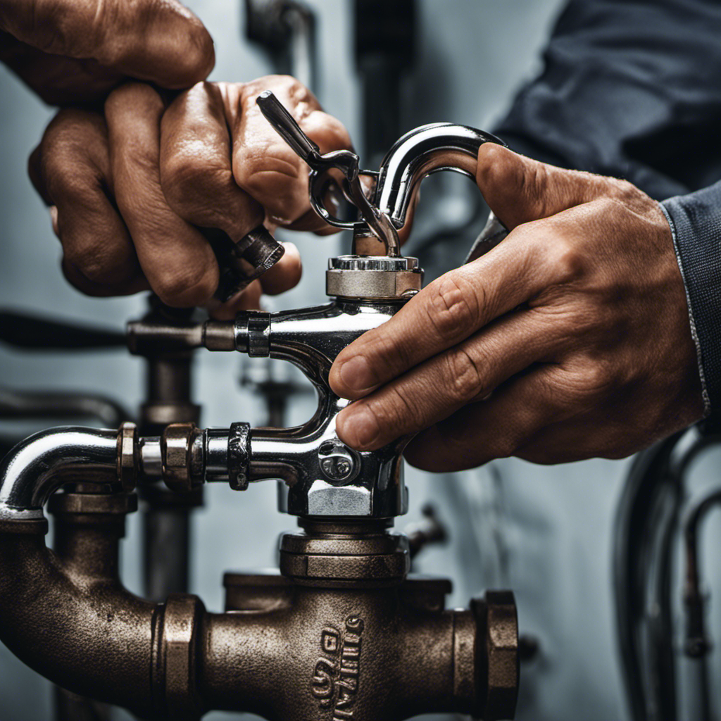 An image capturing a close-up of a plumber's hands tightening a wrench on a water supply valve, with droplets forming on the valve, illustrating the precise steps of fixing a toilet leak