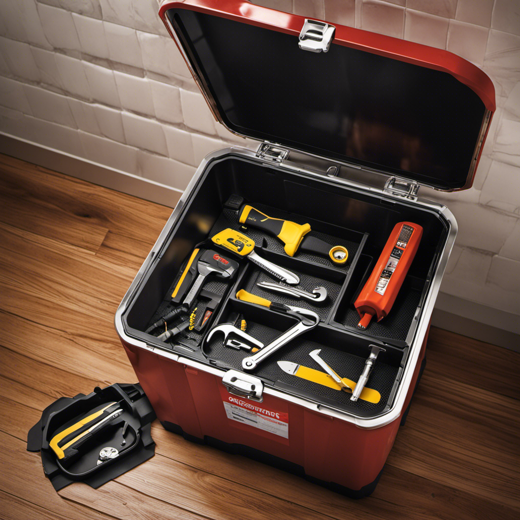 An image showcasing a toolbox opened on the floor beside a toilet seat