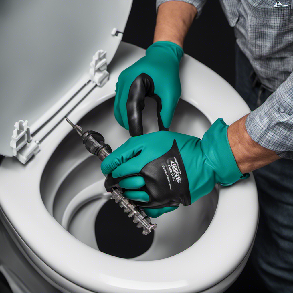 An image showcasing a person wearing gloves and using a screwdriver to carefully unscrew the bolts connecting the old toilet seat