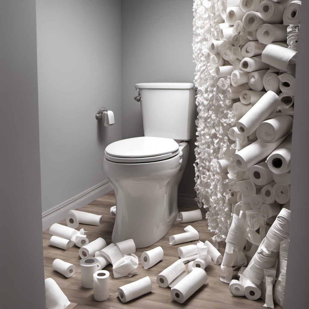 An image illustrating a toilet filled with excessive amounts of toilet paper, flushed wipes, and feminine hygiene products