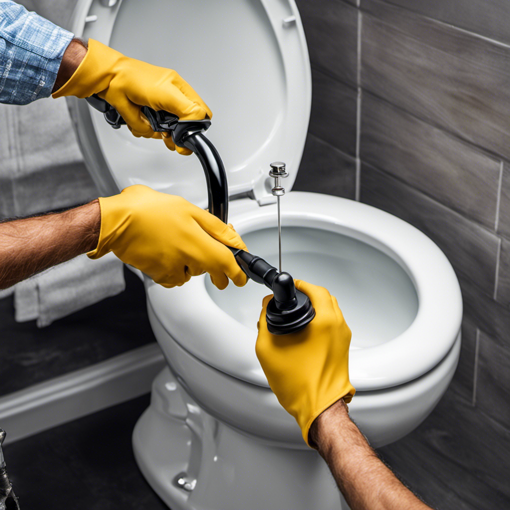 An image that showcases two hands, one holding a toilet auger and the other a plunger, ready to tackle a clogged toilet