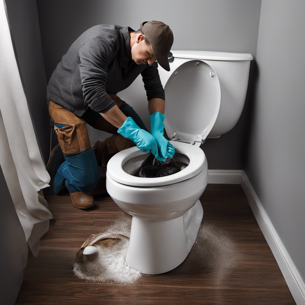An image showcasing a person wearing gloves, using a plunger to clear a clogged toilet