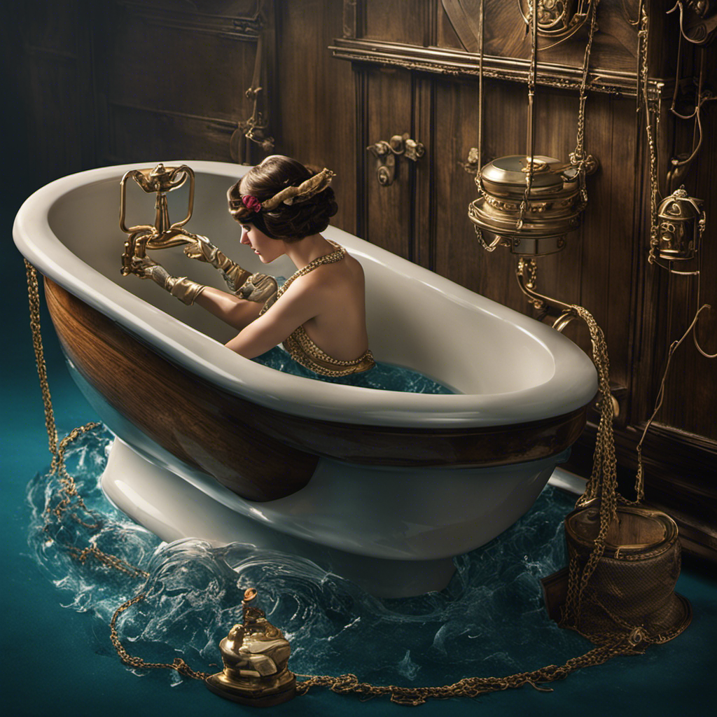 An image depicting a person wearing gloves as they adjust the float arm, adjust the flapper chain, and check the water level in the toilet tank to fix a running toilet