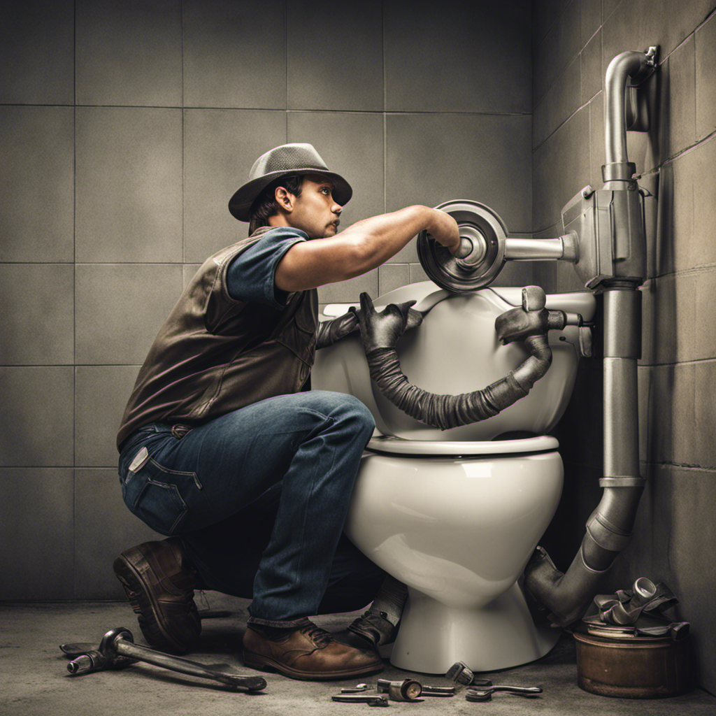 An image of a person holding a wrench, crouched beside a toilet tank