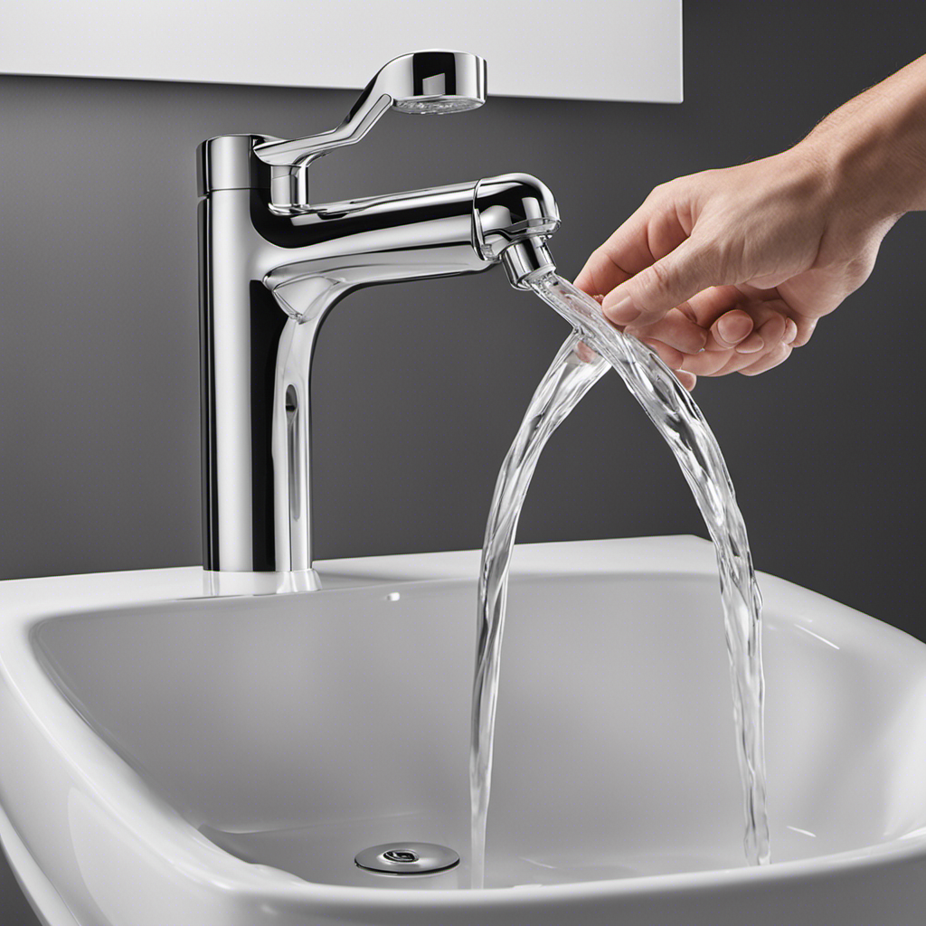 An image of a pair of hands delicately adjusting the float arm of a toilet's fill valve, perfectly positioning it to achieve the ideal water level, while demonstrating the step-by-step process in clear, precise movements