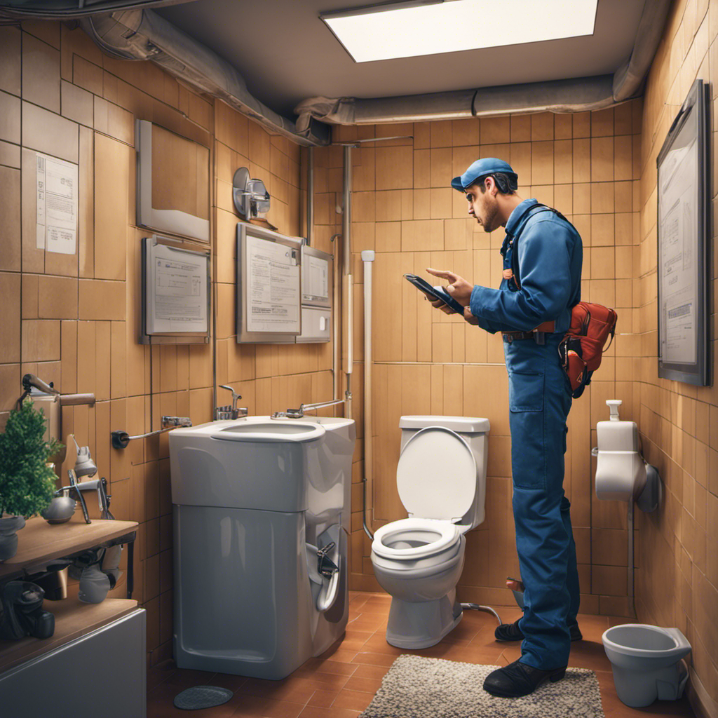 An image of a person holding a phone, with a concerned expression, while standing in front of a toilet